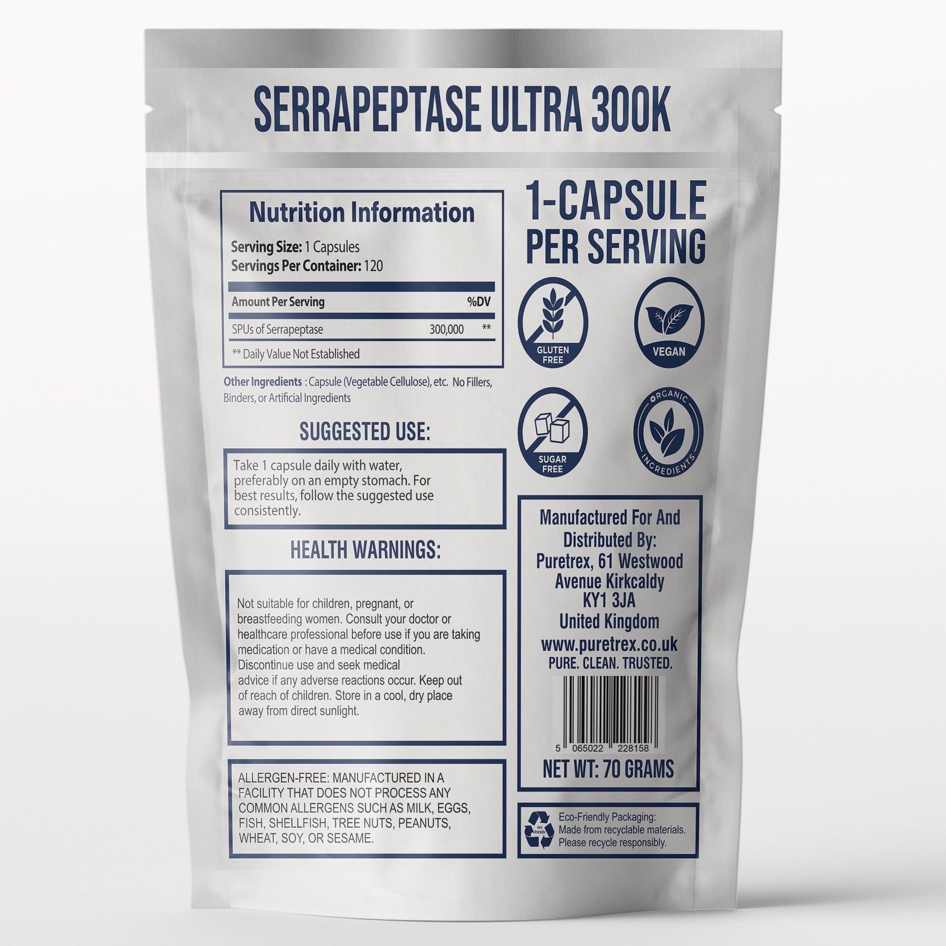 Supplement facts for Puretrex Serrapeptase Ultra 300K – 120 enteric-coated capsules, enzyme activity measured in SPU, premium supplement details.