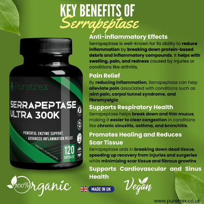 Key benefits of PURETREX Serrapeptase Ultra 300K – anti-inflammatory support, pain relief, respiratory health, scar tissue reduction.