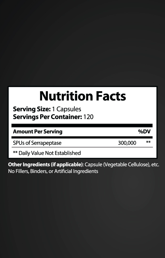 Supplement facts label for PURETREX Serrapeptase Ultra 300K – dosage, serving size, and nutritional information.