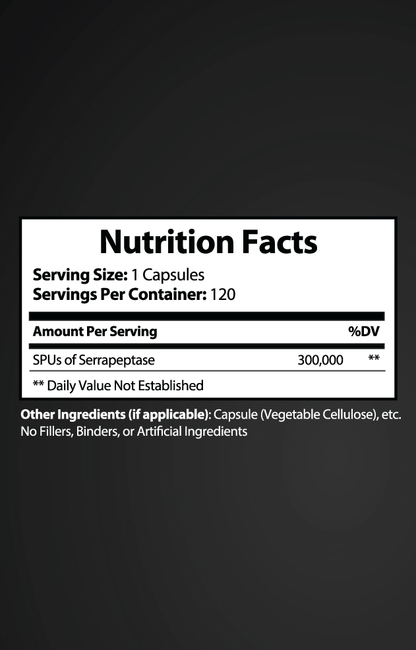 Supplement facts label for PURETREX Serrapeptase Ultra 300K – dosage, serving size, and nutritional information.