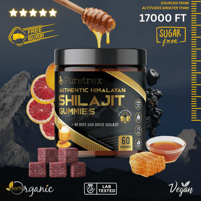 PURETREX Himalayan Shilajit Gummies harvested at 17,000 feet altitude, infused with Manuka honey, vegan, sugar-free.