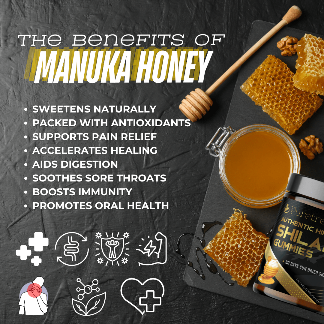 Key benefits of Manuka honey in PURETREX Shilajit Gummies – natural sweetener, antioxidant, promotes energy and vitality.