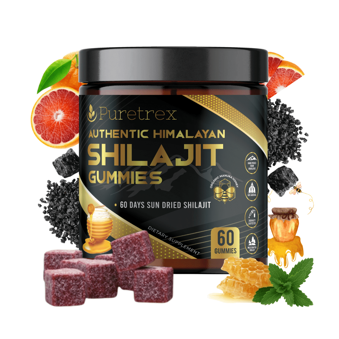 Organic Shilajit Gummies with Manuka Honey & Blood Orange - PURETREX Authentic Himalayan Shilajit Gummies with natural fruits and honey extract, 60 gummies, vegan-friendly.