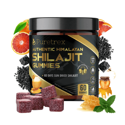 Organic Shilajit Gummies with Manuka Honey & Blood Orange - PURETREX Authentic Himalayan Shilajit Gummies with natural fruits and honey extract, 60 gummies, vegan-friendly.