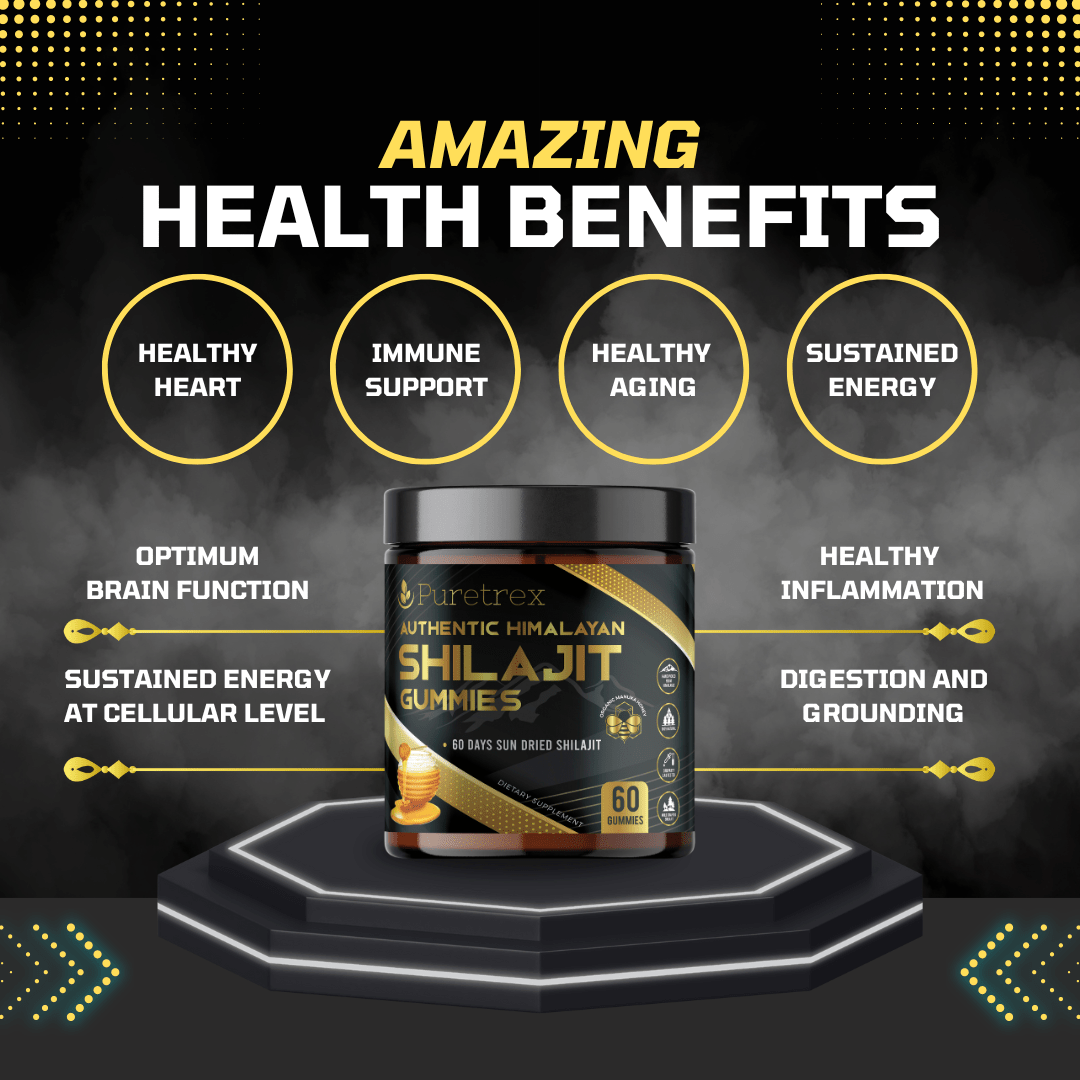 Organic Shilajit Gummies with Manuka Honey & Blood Orange - Amazing health benefits of PURETREX Himalayan Shilajit Gummies – supports energy, endurance, hormone balance, vitality.