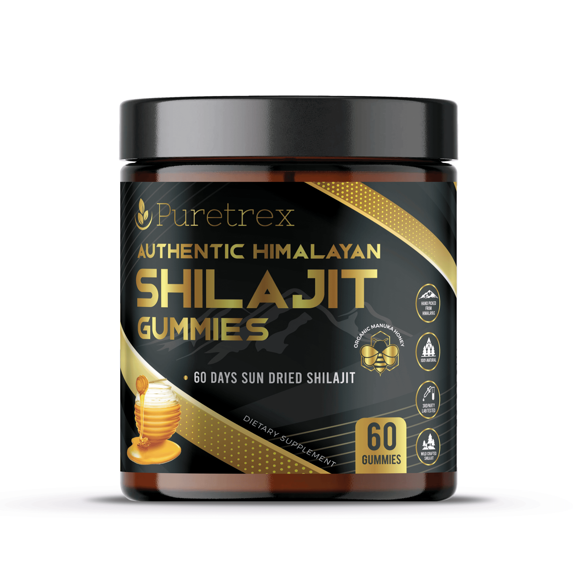 PURETREX Authentic Himalayan Shilajit Gummies 60 pieces, with Manuka honey, vegan, premium black-gold packaging.