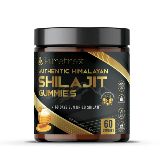 PURETREX Authentic Himalayan Shilajit Gummies 60 pieces, with Manuka honey, vegan, premium black-gold packaging.