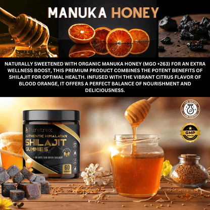 Manuka honey infused in PURETREX Himalayan Shilajit Gummies, natural antioxidant and energy source, premium honey extract.