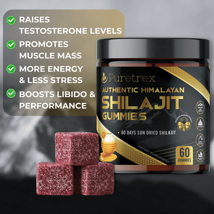 PURETREX Shilajit Gummies designed for energy, stamina, strength, muscle mass, stress reduction, and daily wellness.