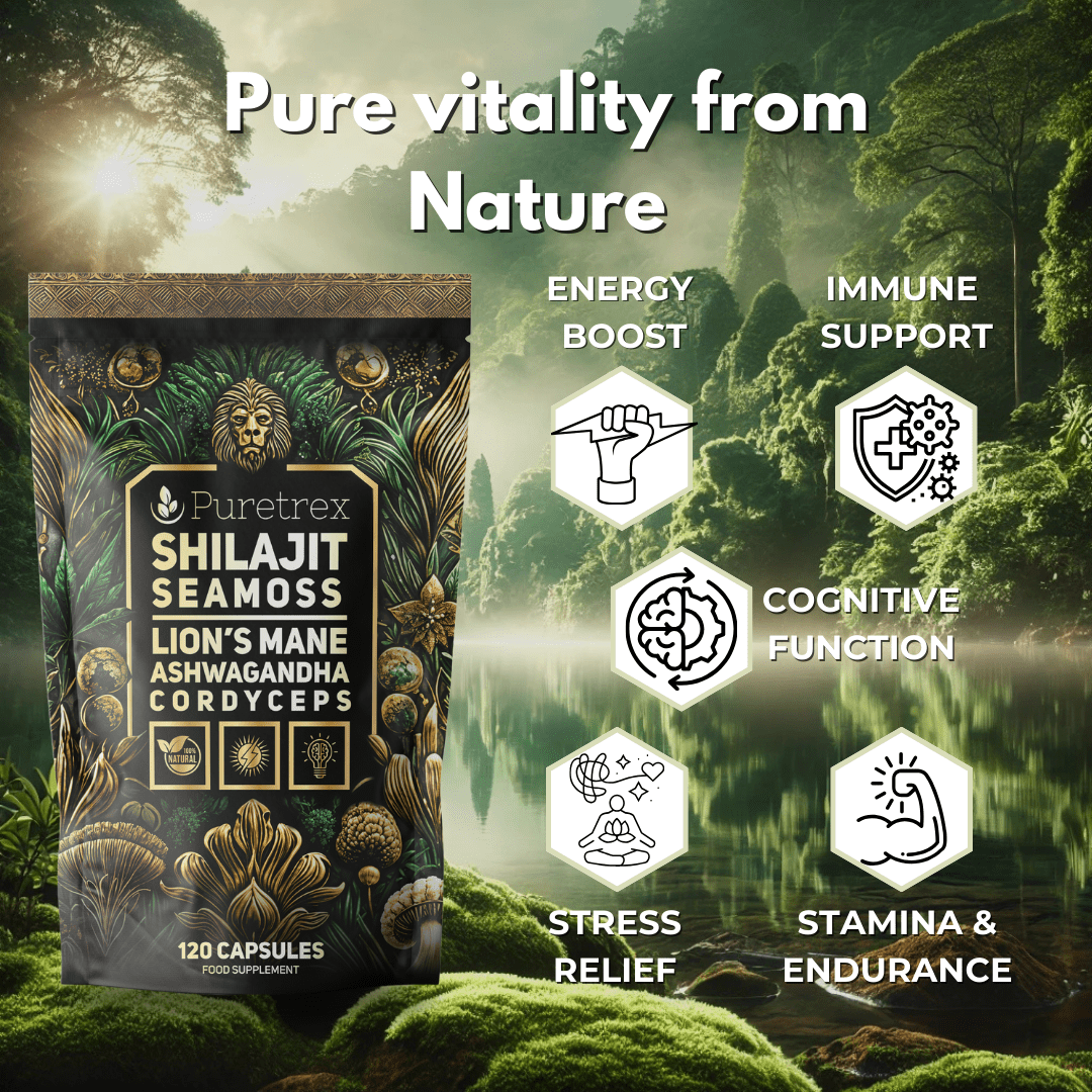 Key benefits of PURETREX Shilajit Seamoss Lion’s Mane Ashwagandha Cordyceps – energy boost, immune support, brain function, stamina, endurance.