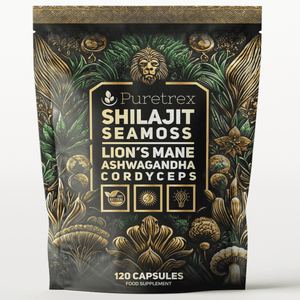 PURETREX Shilajit Seamoss Lion’s Mane Ashwagandha Cordyceps supplement, 120 vegan capsules, premium herbal complex pouch front view.