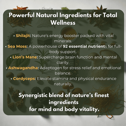 Natural ingredients in PURETREX Shilajit Seamoss blend – Shilajit, Sea Moss, Lion’s Mane, Ashwagandha, Cordyceps – powerful herbal formula for vitality.