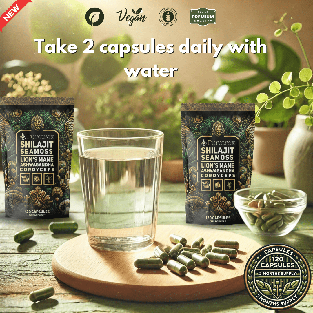 Suggested use of PURETREX Shilajit Seamoss capsules – take 2 capsules daily with water – premium herbal supplement for wellness.