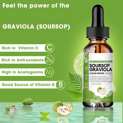 : Key features of Puretrex Soursop Graviola Drops – rich in Vitamin C, antioxidants, acetogenins, and Vitamin B.