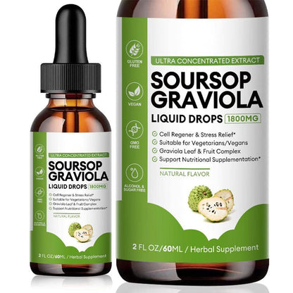 Bottle of Puretrex Soursop Graviola Liquid Drops 1800mg with dropper – herbal supplement, vegan, gluten-free, alcohol-free.