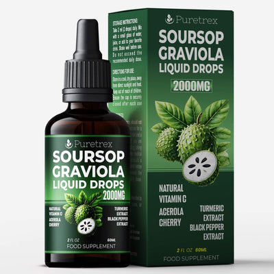 Bottle and packaging of Puretrex Soursop Graviola Liquid Drops 2000mg, featuring soursop fruit, acerola cherry, turmeric, and black pepper extract.
