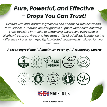Certifications and features of Puretrex Soursop Graviola Drops – vegan, halal, lab-tested, non-GMO, sugar-free, alcohol-free.