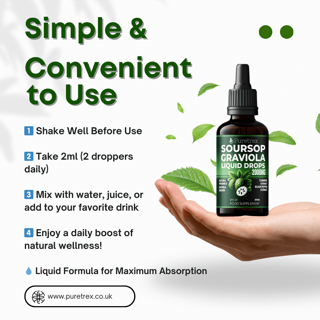 Instructions for using Puretrex Soursop Graviola Liquid Drops – shake, take 2ml daily, mix with drink, enjoy daily wellness.