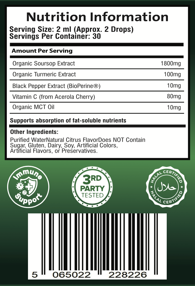 Nutrition information label for Puretrex Soursop Graviola Liquid Drops, including soursop extract, turmeric, vitamin C, and BioPerine®.
