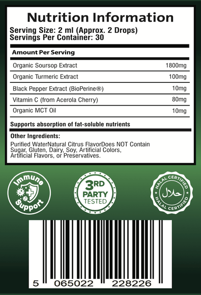 Nutrition information label for Puretrex Soursop Graviola Liquid Drops, including soursop extract, turmeric, vitamin C, and BioPerine®.