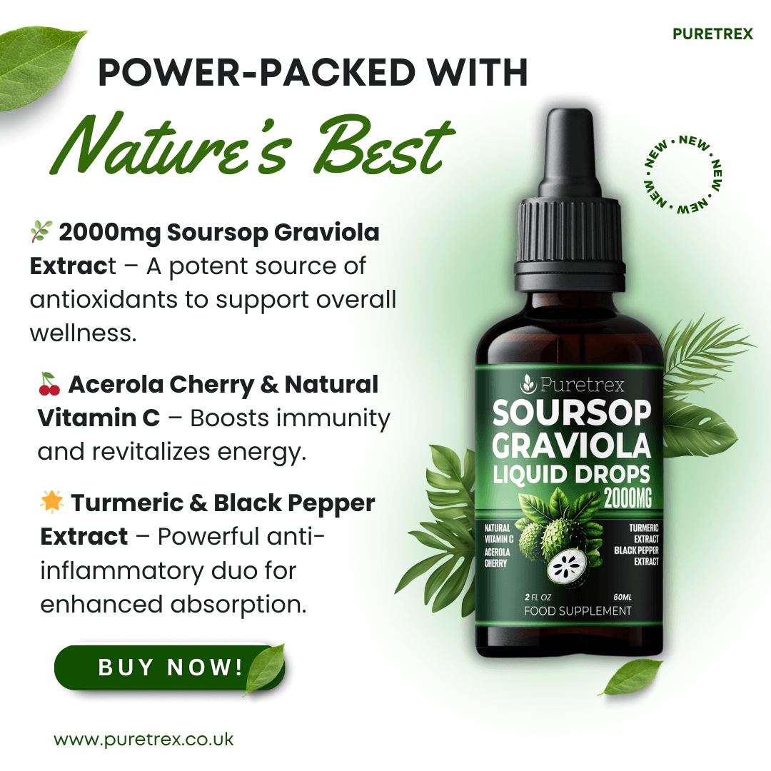 Puretrex Soursop Graviola Liquid Drops 2000mg with acerola cherry, vitamin C, turmeric, and black pepper extract.