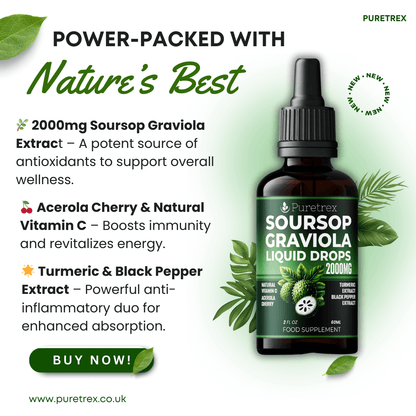 Puretrex Soursop Graviola Liquid Drops 2000mg with acerola cherry, vitamin C, turmeric, and black pepper extract.
