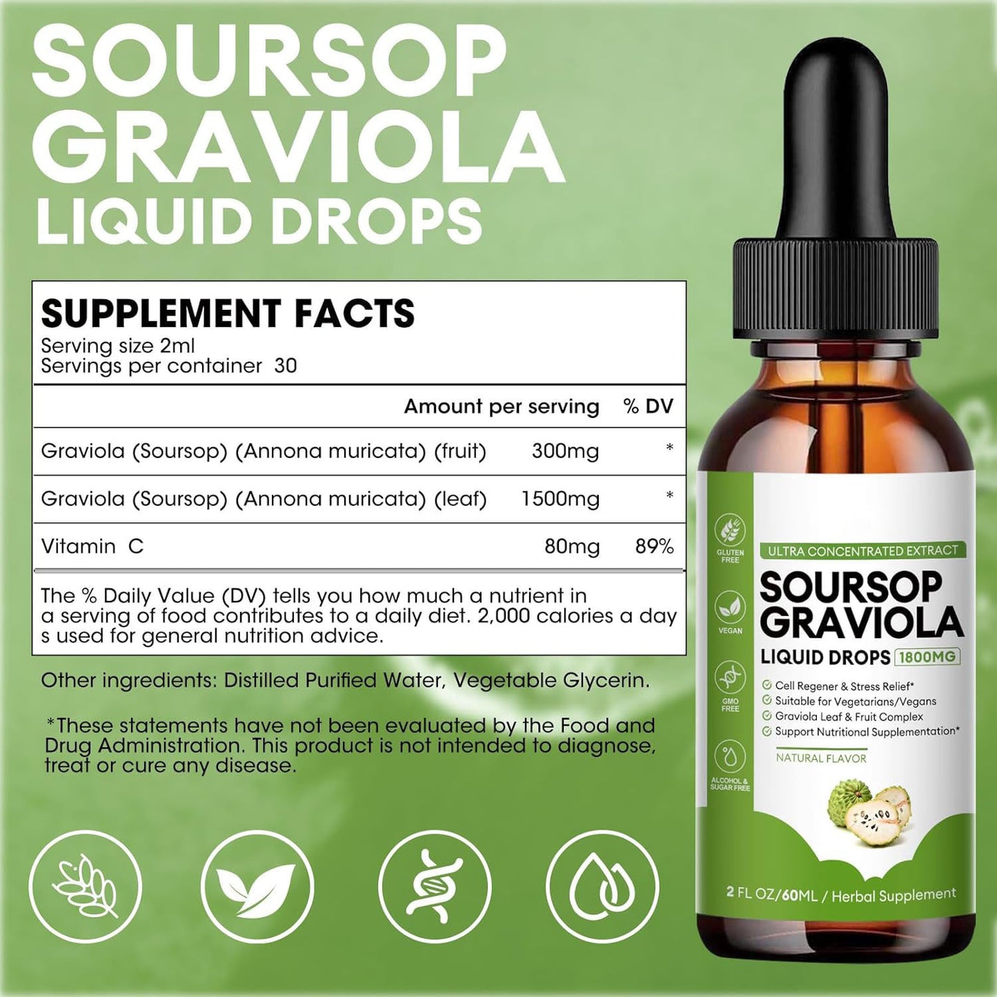 Supplement facts for Puretrex Soursop Graviola Liquid Drops – 1800mg per serving with graviola extract and natural flavor.