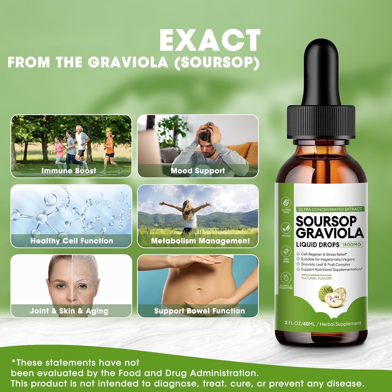 Lifestyle images showing Puretrex Soursop Graviola Liquid Drops for daily wellness, energy, and natural herbal support.