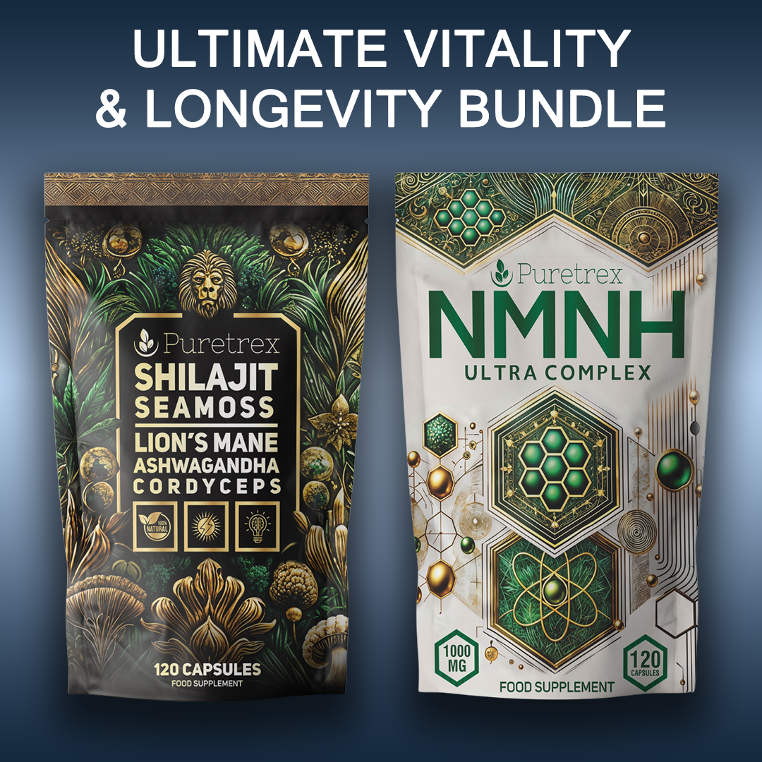 PURETREX Ultimate Vitality & Longevity Bundle featuring Shilajit Seamoss Complex with Lion’s Mane, Ashwagandha, Cordyceps, and NMNH Ultra Complex for cellular energy, vitality, and anti-aging support.