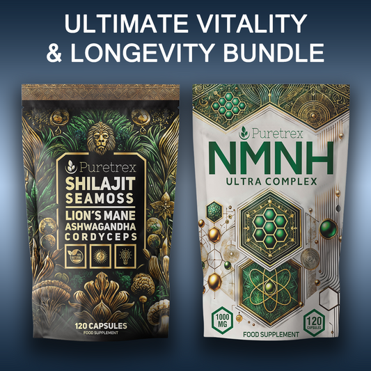 PURETREX Ultimate Vitality & Longevity Bundle featuring Shilajit Seamoss Complex with Lion’s Mane, Ashwagandha, Cordyceps, and NMNH Ultra Complex for cellular energy, vitality, and anti-aging support.