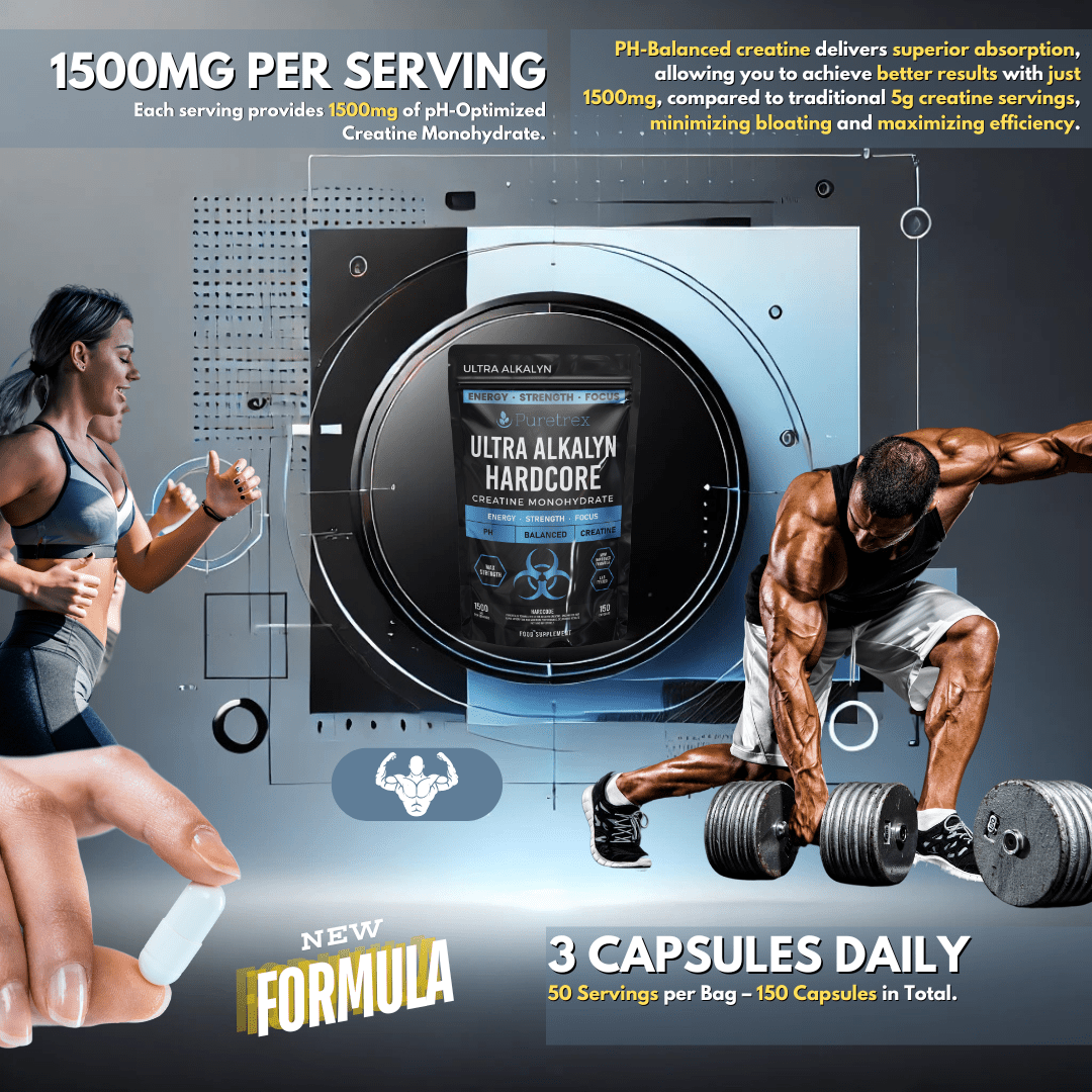 PURETREX Ultra Alkalyn Hardcore Creatine 1500mg per serving, 3 capsules daily, premium creatine supplement for athletes and fitness performance.