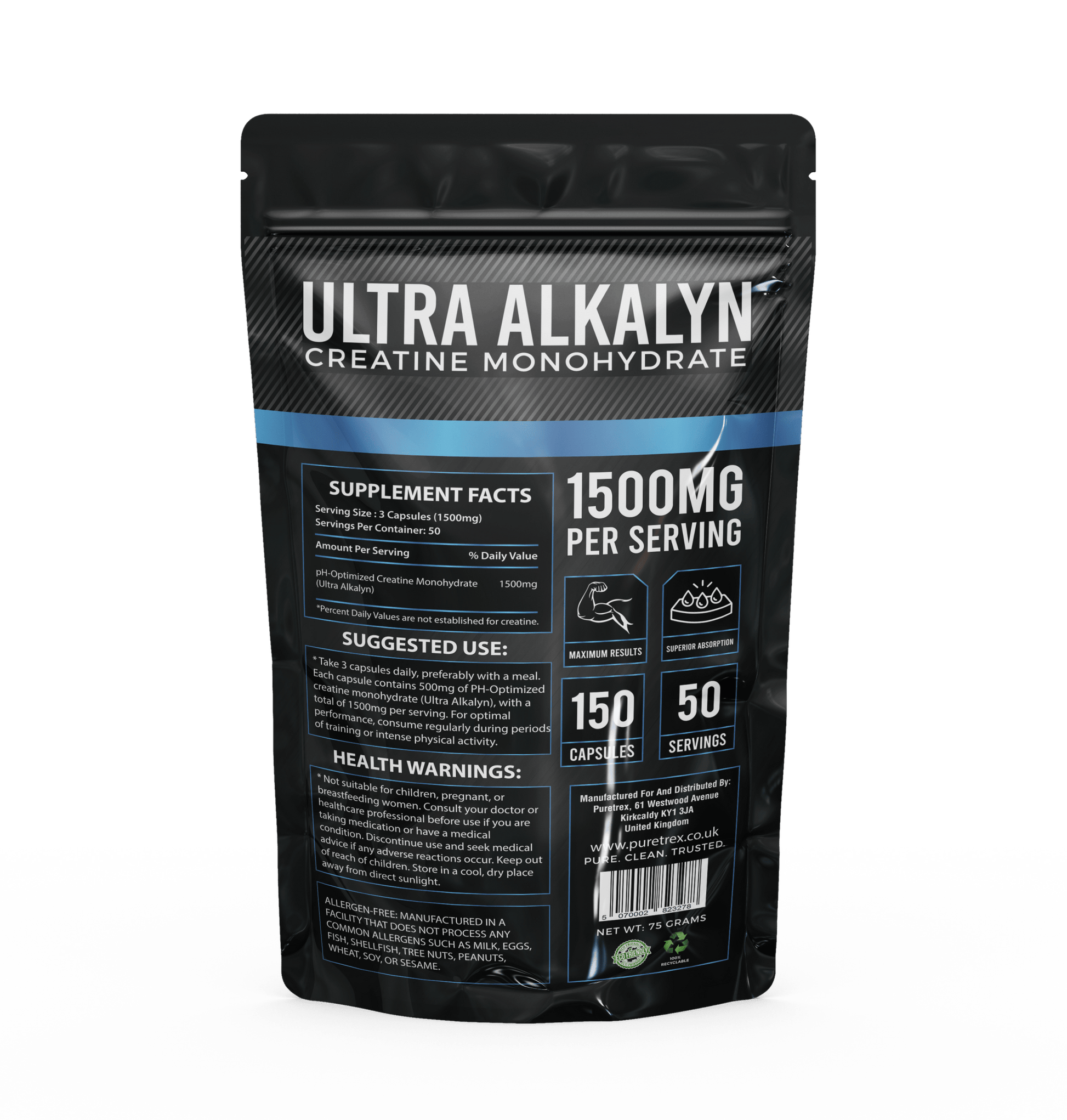 Back of PURETREX Ultra Alkalyn Hardcore Creatine Monohydrate pouch showing supplement facts, nutrition information, and usage instructions.