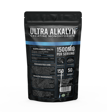 Back of PURETREX Ultra Alkalyn Hardcore Creatine Monohydrate pouch showing supplement facts, nutrition information, and usage instructions.