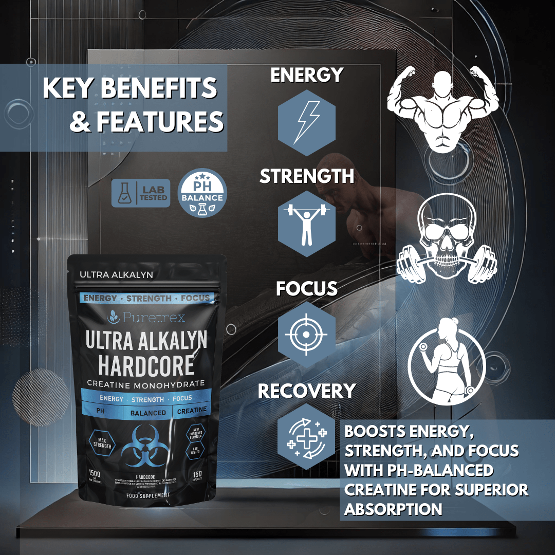 PURETREX Ultra Alkalyn Hardcore Creatine benefits – energy, strength, focus, and recovery with balanced pH formula for superior absorption.