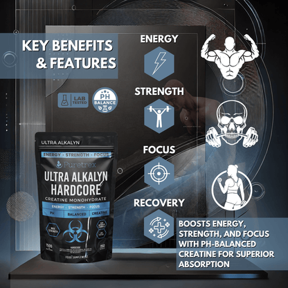 PURETREX Ultra Alkalyn Hardcore Creatine benefits – energy, strength, focus, and recovery with balanced pH formula for superior absorption.