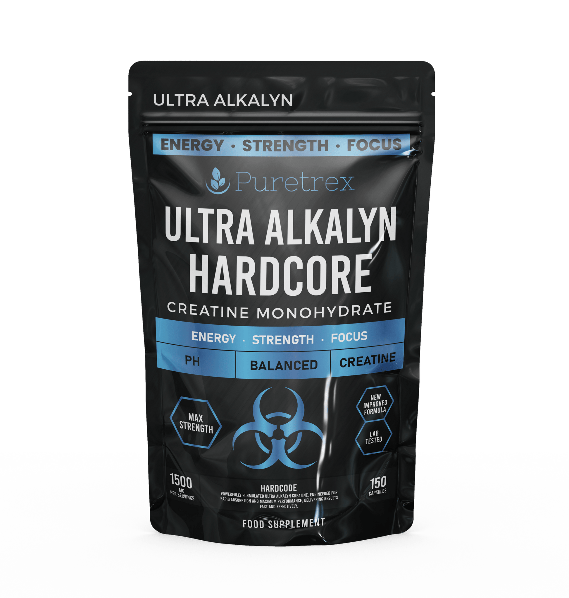 PURETREX Ultra Alkalyn Hardcore Creatine Monohydrate front pouch – 1500mg per serving, 150 capsules, designed for energy, strength, and focus.