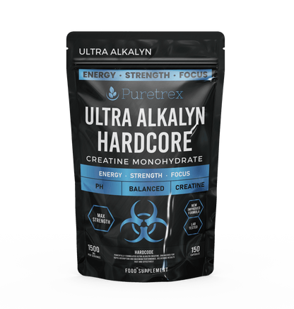PURETREX Ultra Alkalyn Hardcore Creatine Monohydrate front pouch – 1500mg per serving, 150 capsules, designed for energy, strength, and focus.