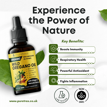 Key features of Puretrex Organic Wild Oregano Oil Drops.