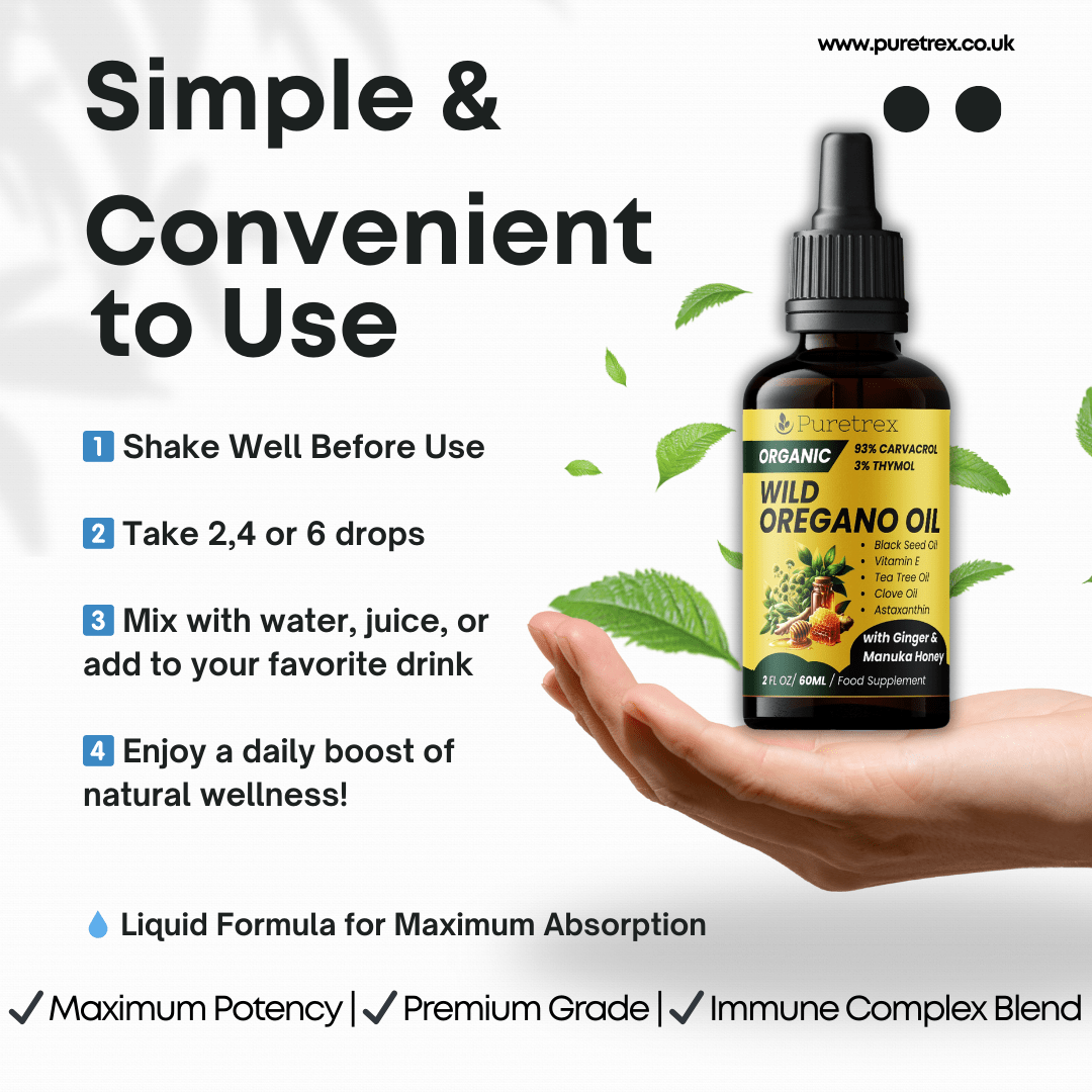 Instructions for Puretrex Wild Oregano Oil showing dosage and simple daily use.