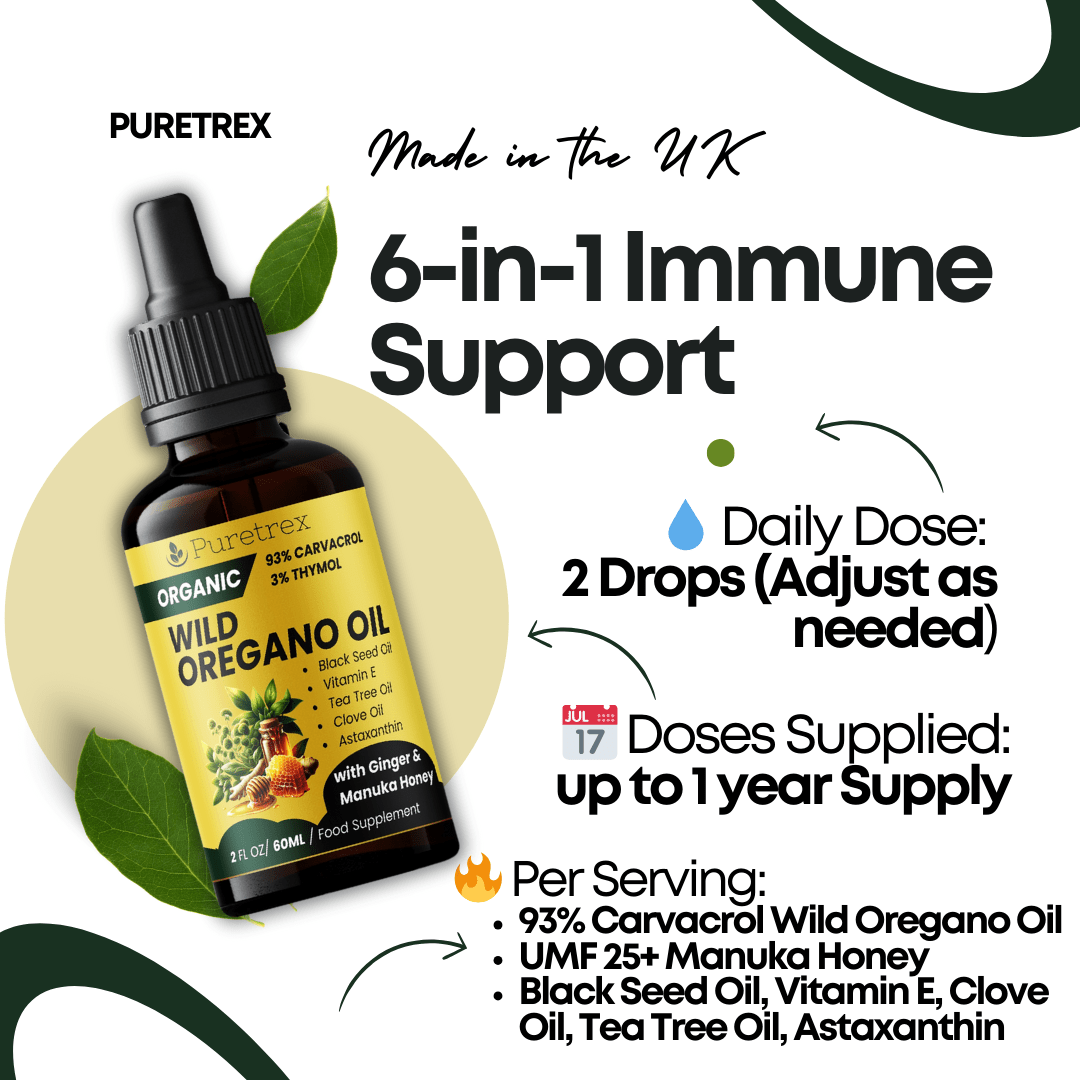 Daily serving and immune support features of Puretrex Wild Oregano Oil.