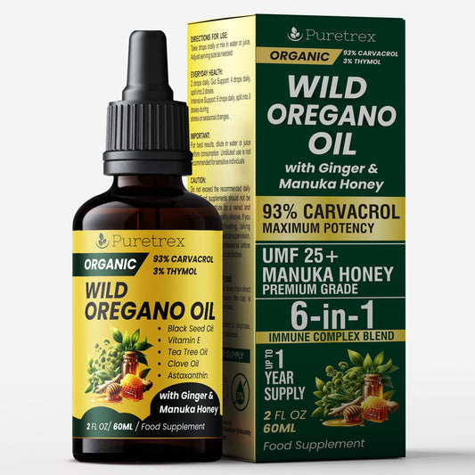 Product packaging of Puretrex Organic Wild Oregano Oil with Ginger & Manuka Honey, showing bottle and box.