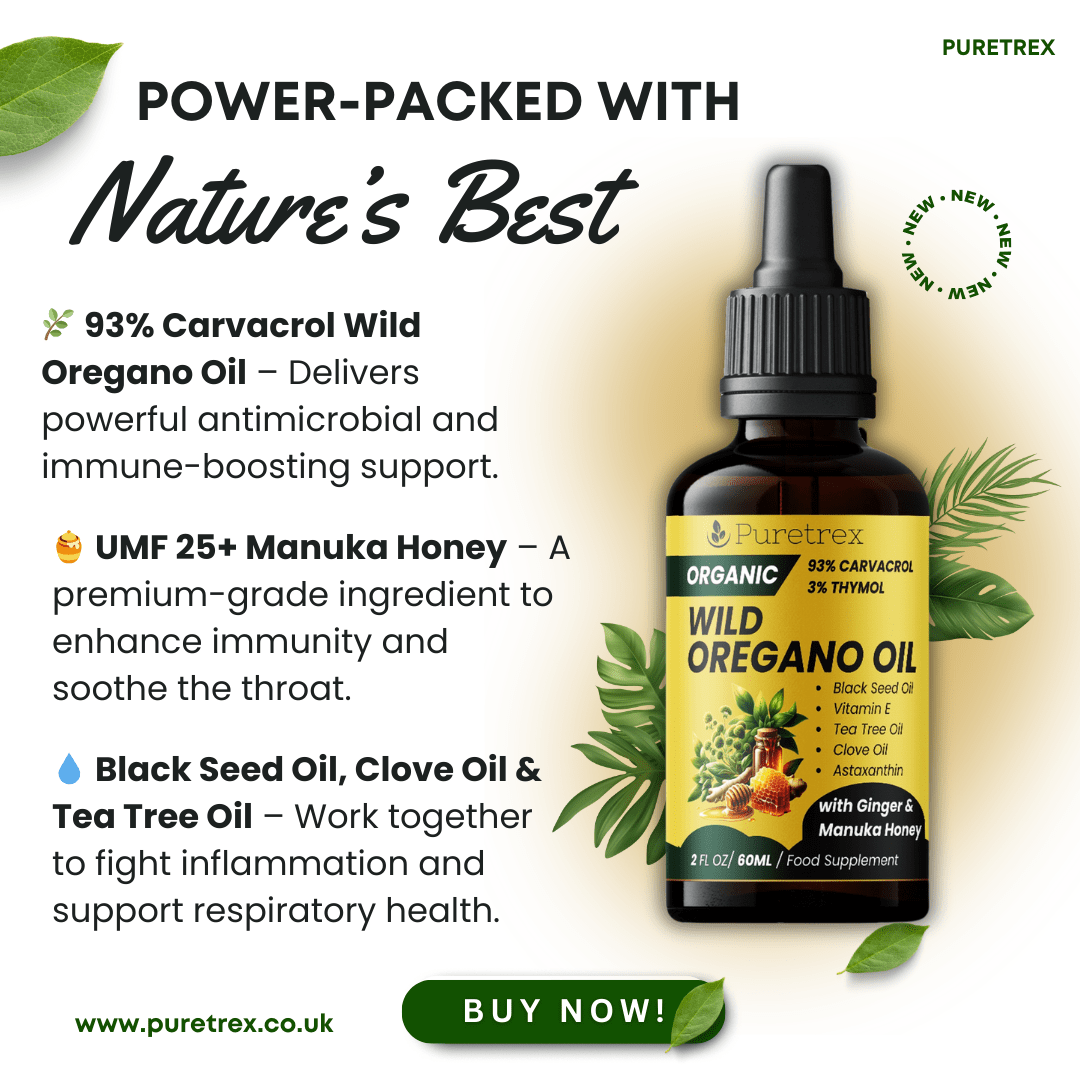 Puretrex Organic Wild Oregano Oil bottle with highlighted natural ingredients and benefits.