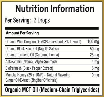 Supplement facts label of Puretrex Organic Wild Oregano Oil with Ginger & Manuka Honey.