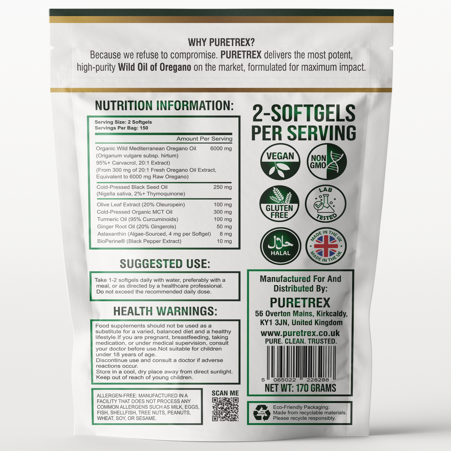 Back packaging label of Puretrex Wild Oil of Oregano 6000mg + Black Seed Oil with nutrition facts, certifications, and suggested use.