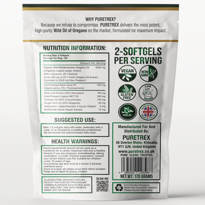 Back packaging label of Puretrex Wild Oil of Oregano 6000mg + Black Seed Oil with nutrition facts, certifications, and suggested use.