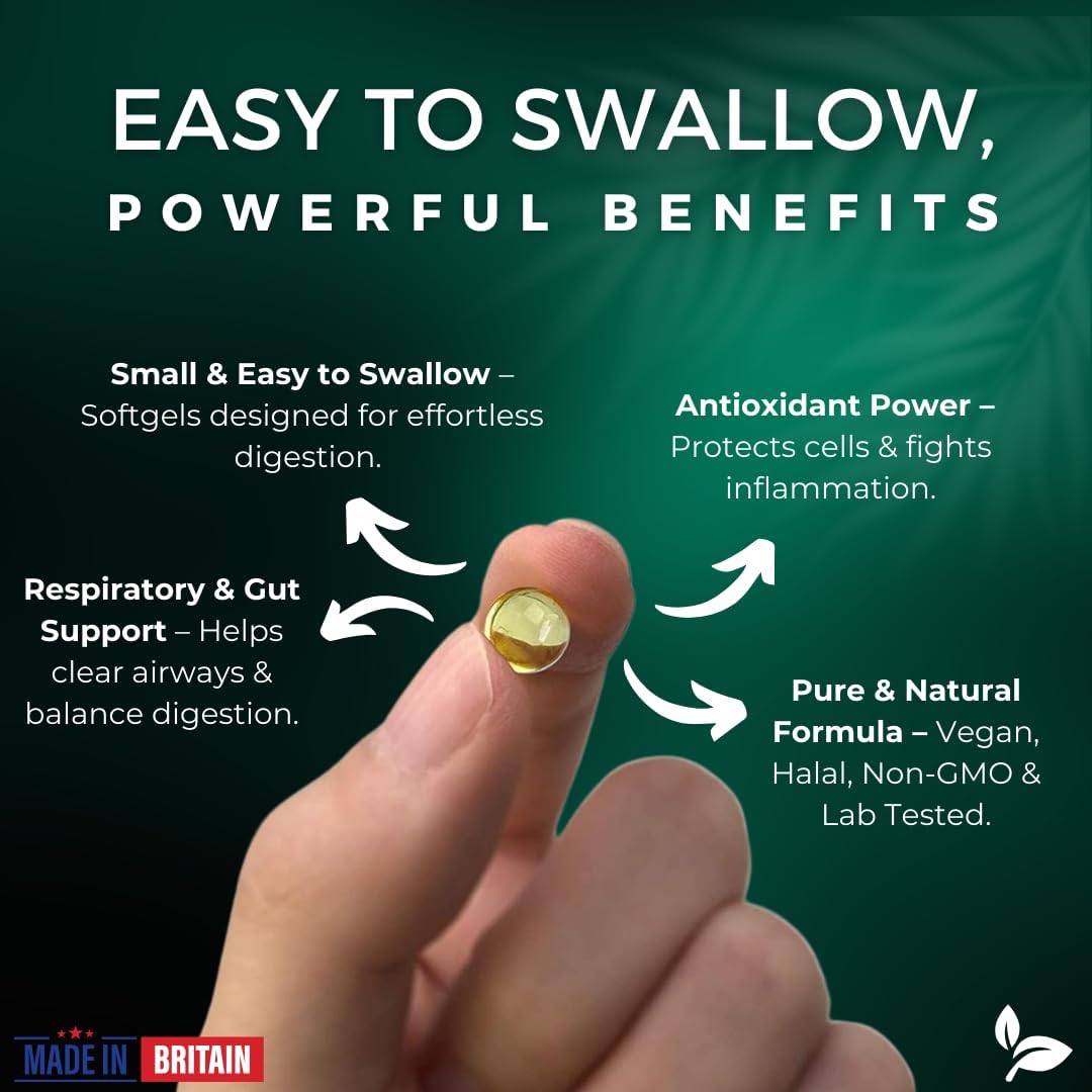 Small and easy-to-swallow Puretrex Wild Oil of Oregano softgel promoting antioxidant, respiratory, and gut support.