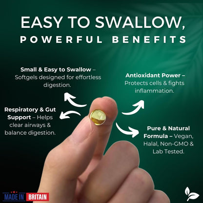 Small and easy-to-swallow Puretrex Wild Oil of Oregano softgel promoting antioxidant, respiratory, and gut support.