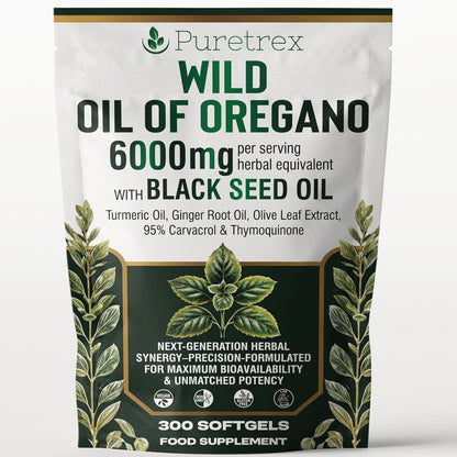 Front packaging of Puretrex Wild Oil of Oregano 6000mg with Black Seed Oil, featuring turmeric, ginger root, and olive leaf extract.