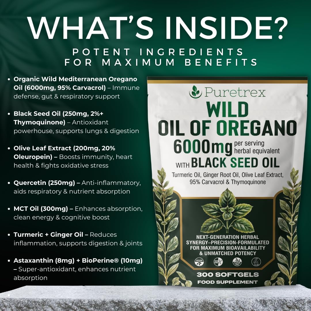 Ingredient breakdown of Puretrex Wild Oil of Oregano 6000mg with Black Seed Oil, including turmeric, ginger, quercetin, and BioPerine®.