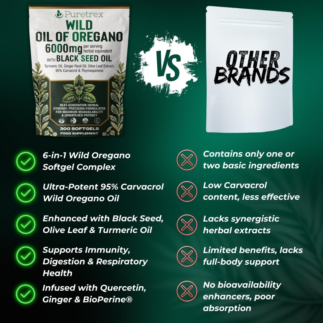 Comparison chart showing Puretrex Wild Oil of Oregano 6000mg + Black Seed Oil benefits versus other brands.